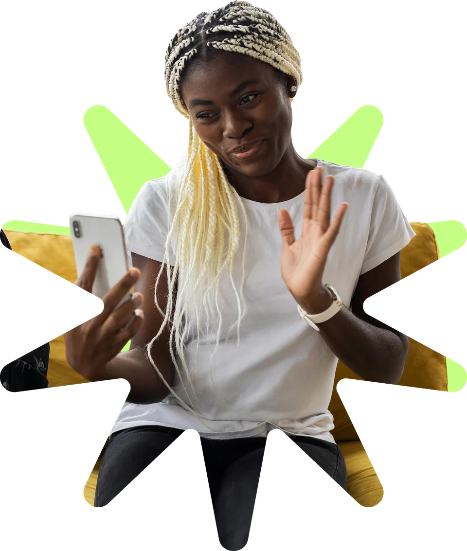 A smiling woman in a headwrap, cut out over a lime and gold starburst