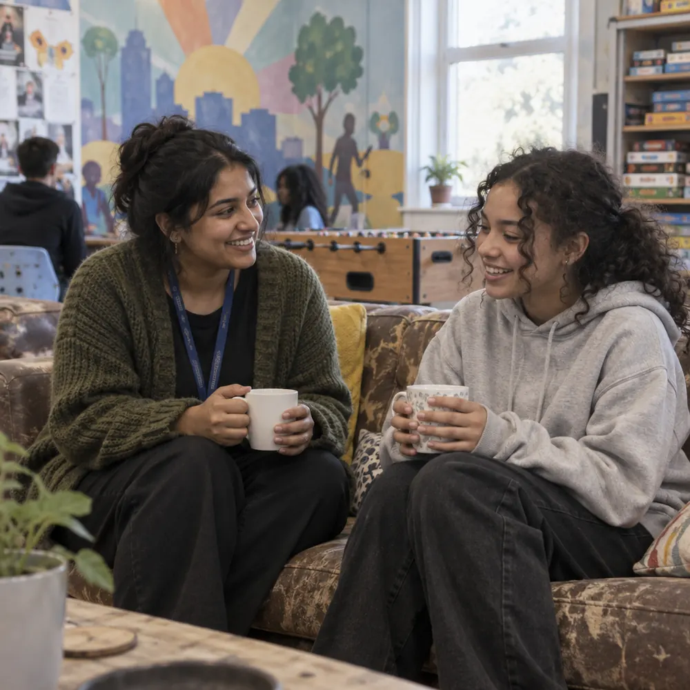 A trainee counsellor and a teenager chatting over tea on a sofa in a youth project space
