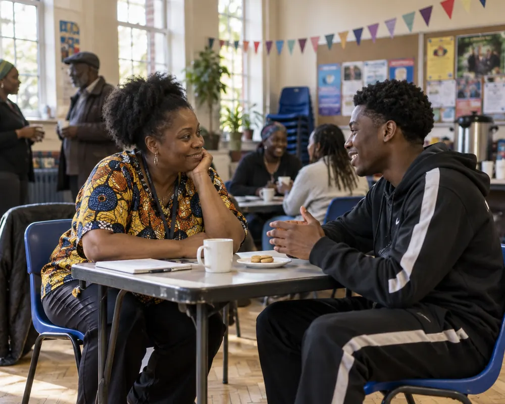 A counsellor listening to a young man at a table in a busy community hall