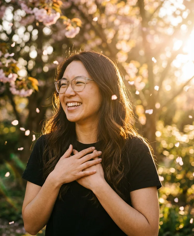 A smiling woman with glasses, hands on her chest, in a sunlit garden