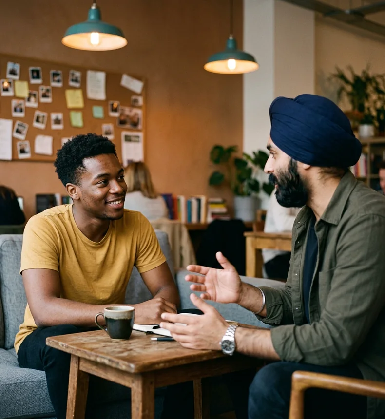 Two men talking over coffee at a table in a busy cafe